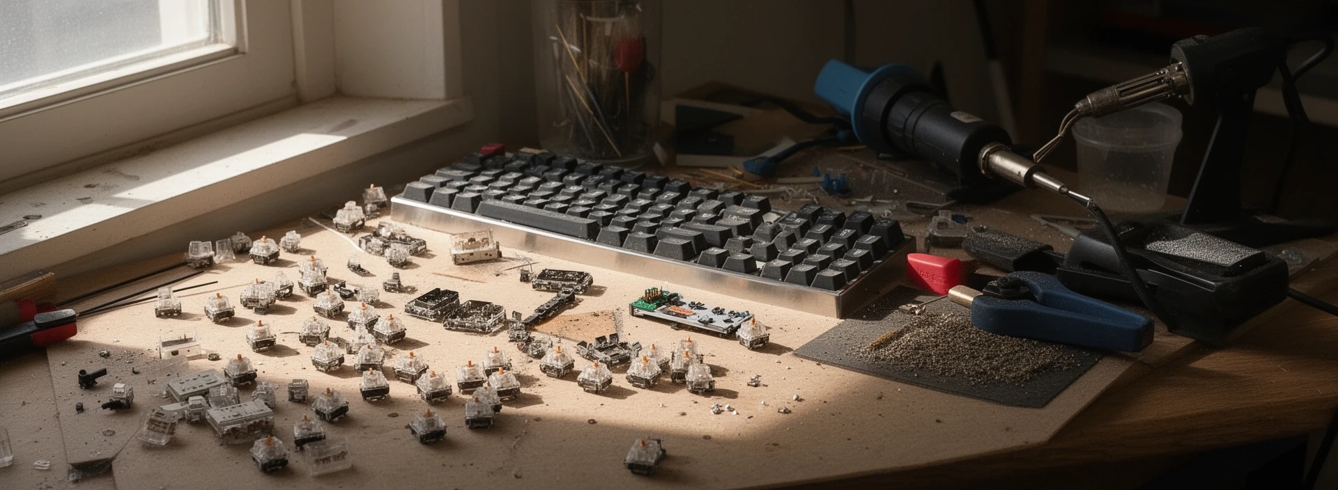 Arbeitsplatz mit Tastaturen und Werkzeug